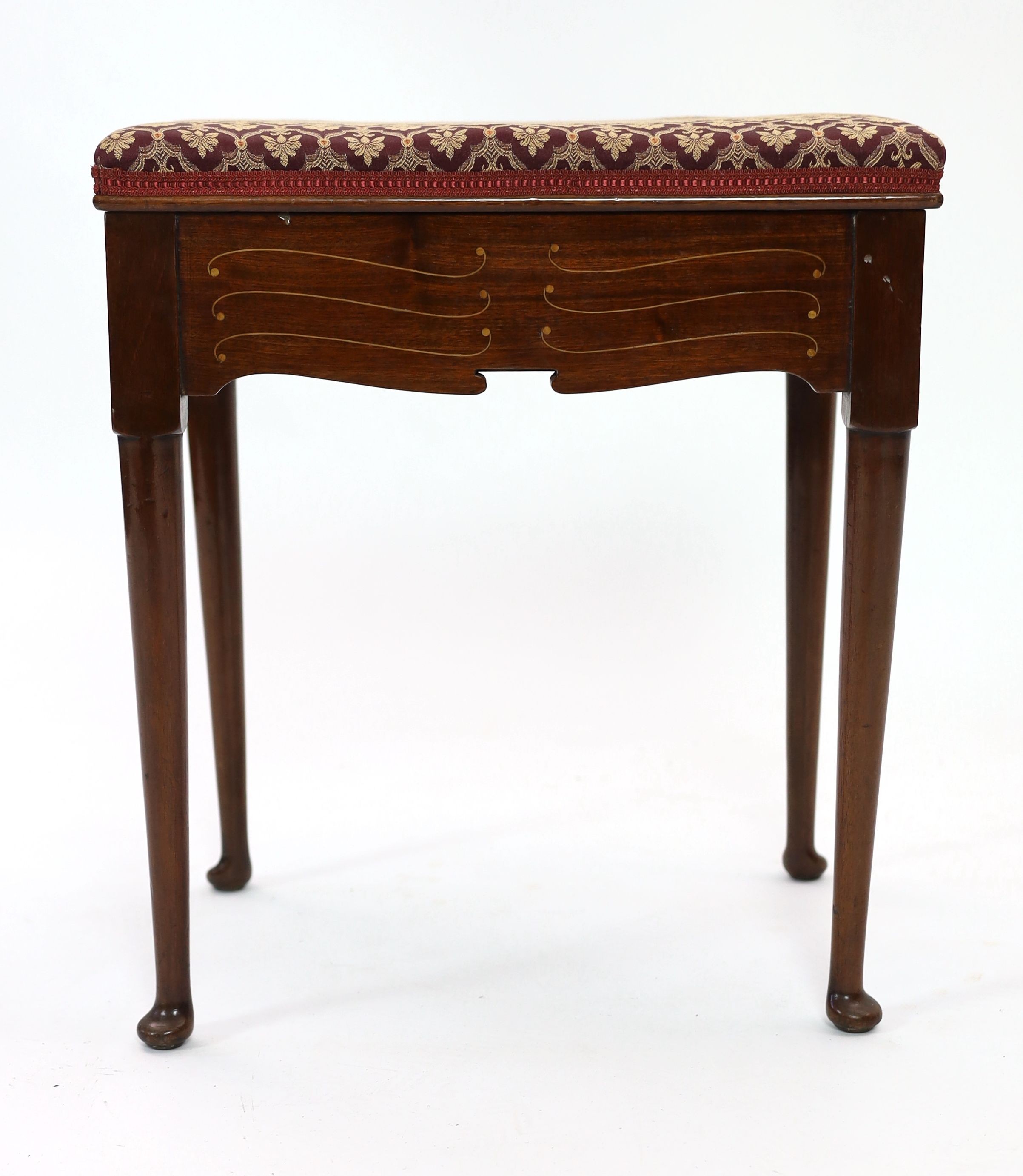 An Edwardian inlaid mahogany upholstered box stool piano stool, width 45cm depth 36cm height 53cm